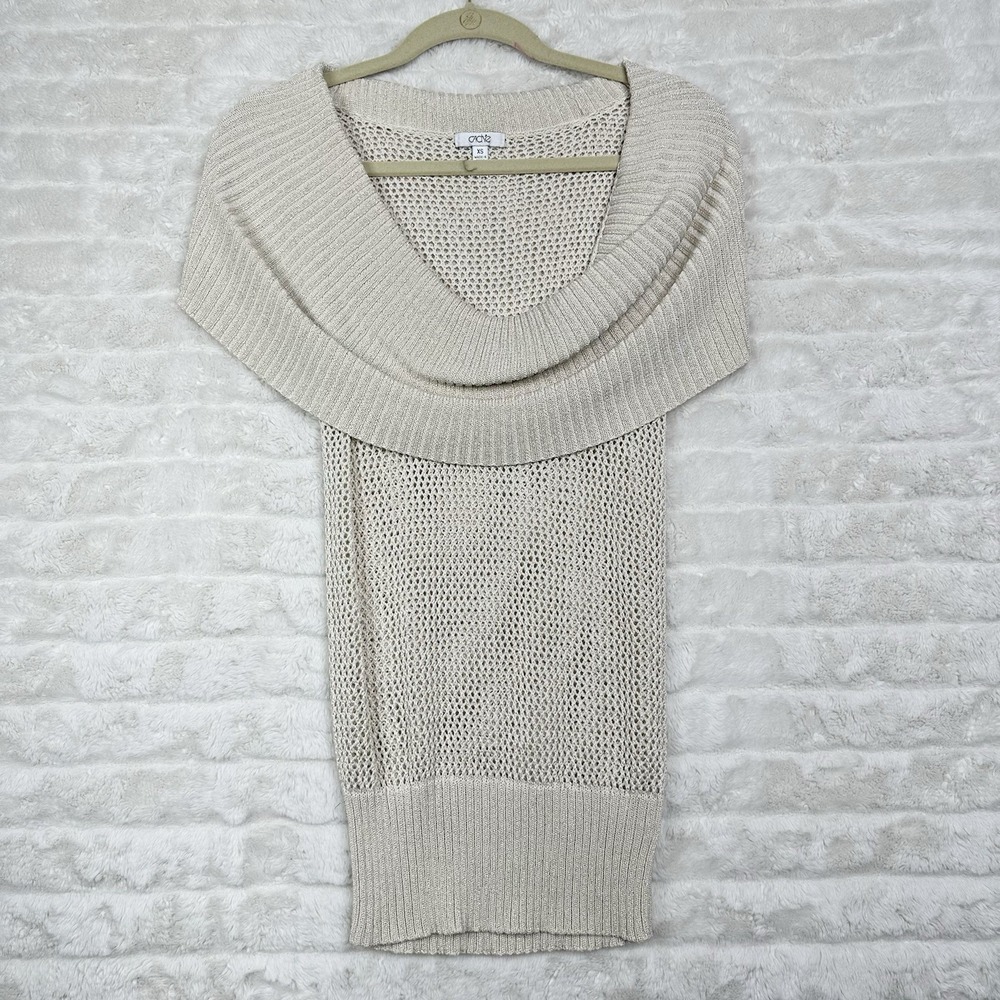 Cache Beige/Gold Metallic Knit Cowl Neck Womens Sweater Size XS